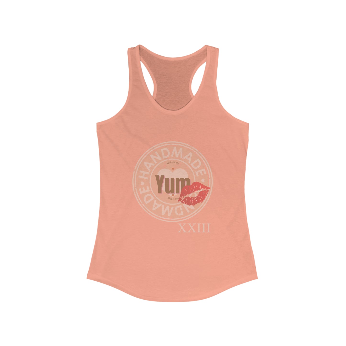 Peach racerback tank top with "Yum" graphic print on front.