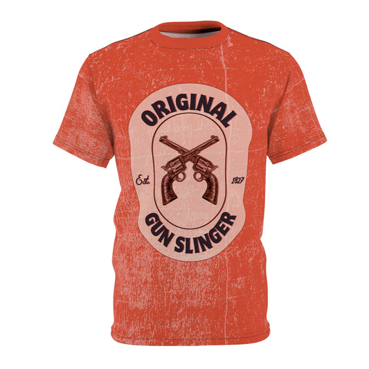 Red t-shirt with 'Original Gunslinger' and crossed pistols graphic design.