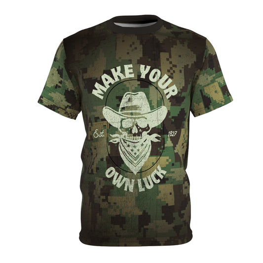 Camouflage t-shirt with skull graphic and "MAKE YOUR OWN LUCK" text.