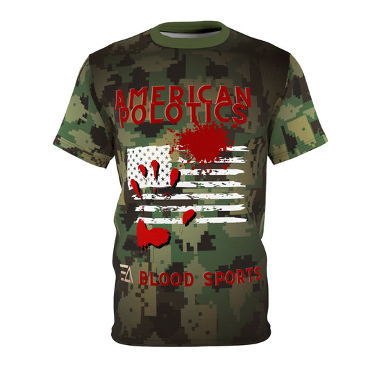 2024 Political Arena: Blood Sport Camo Unisex Cut & Sew Tee with American Flag Design