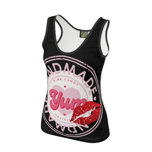 Black and white tank top with pink candy lip print design.