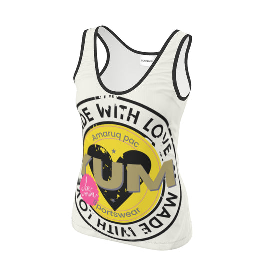Women's tank top with black trim and bold graphic design.