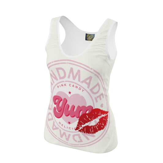 White tank top with pink "Handmade Yum" graphic and red lips print.
