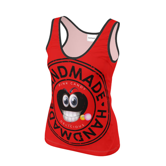 Red tank top with a graphic of a smiling candy heart.