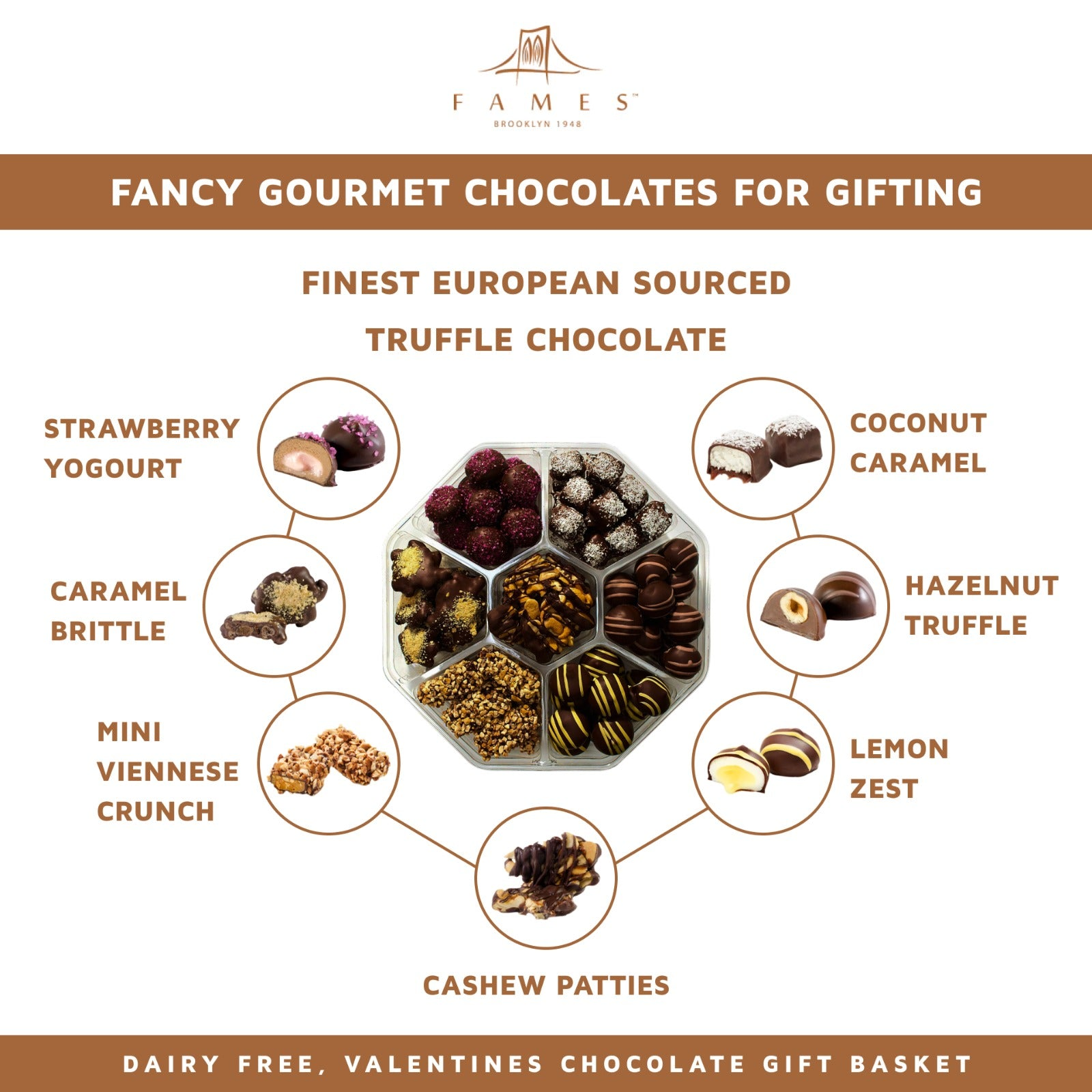 Assorted gourmet chocolates for gifting, labeled with flavor names.