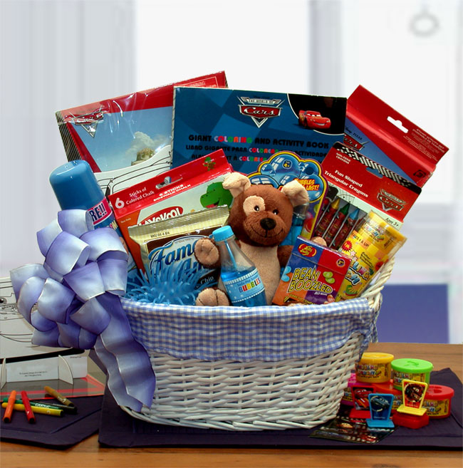 Gift basket with toys, coloring books, and snacks for children.