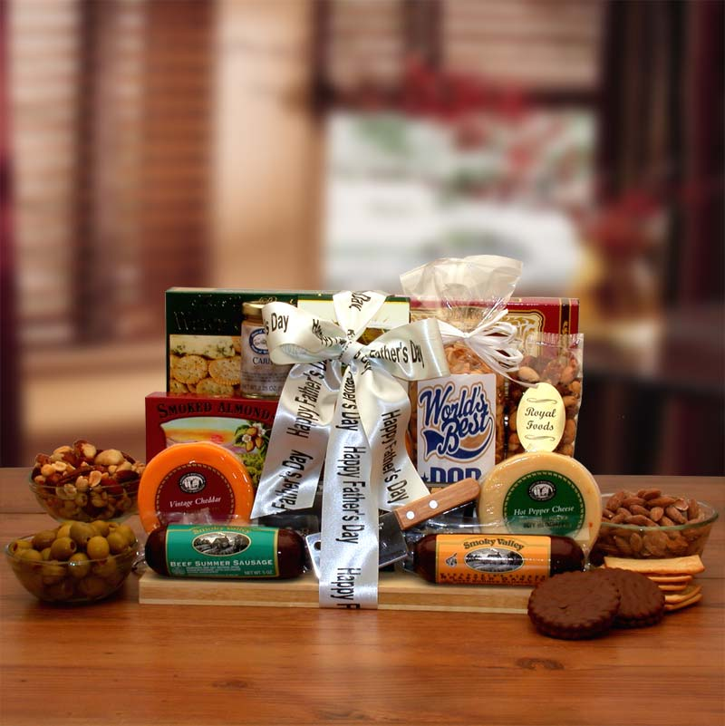 Gift basket with various gourmet foods and a 