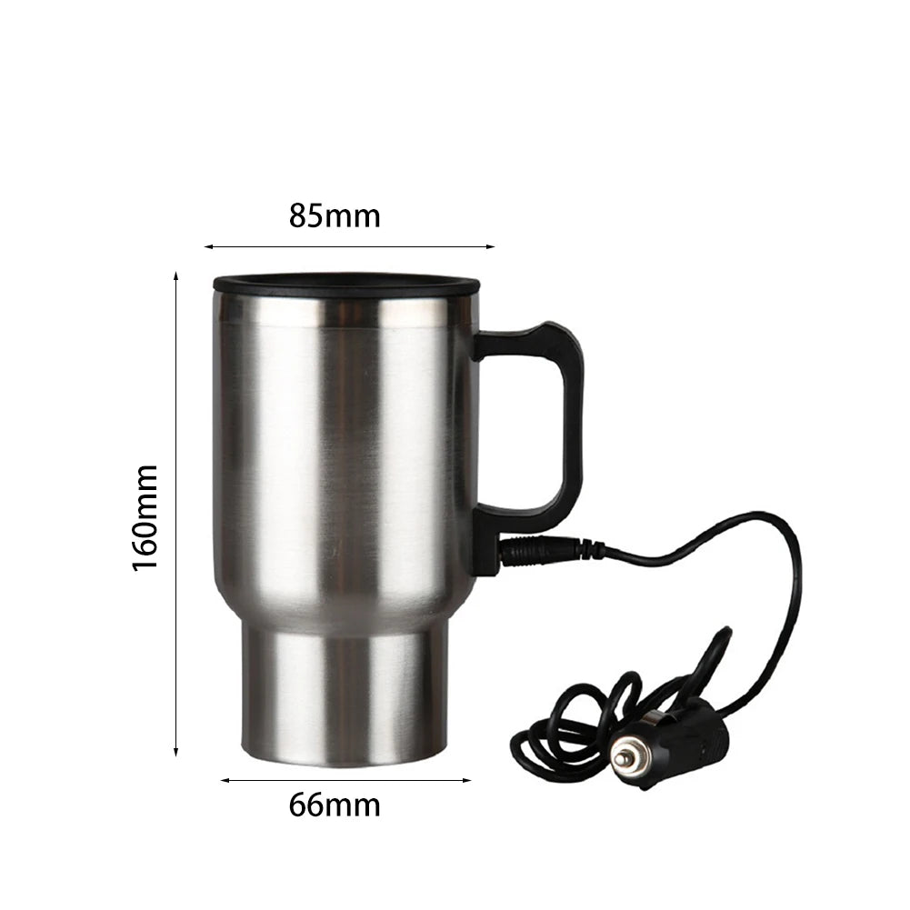 Stainless steel travel mug with handle and car adapter.