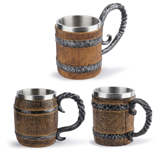 wooden viking style beer mug - double wall metal insulated cup 