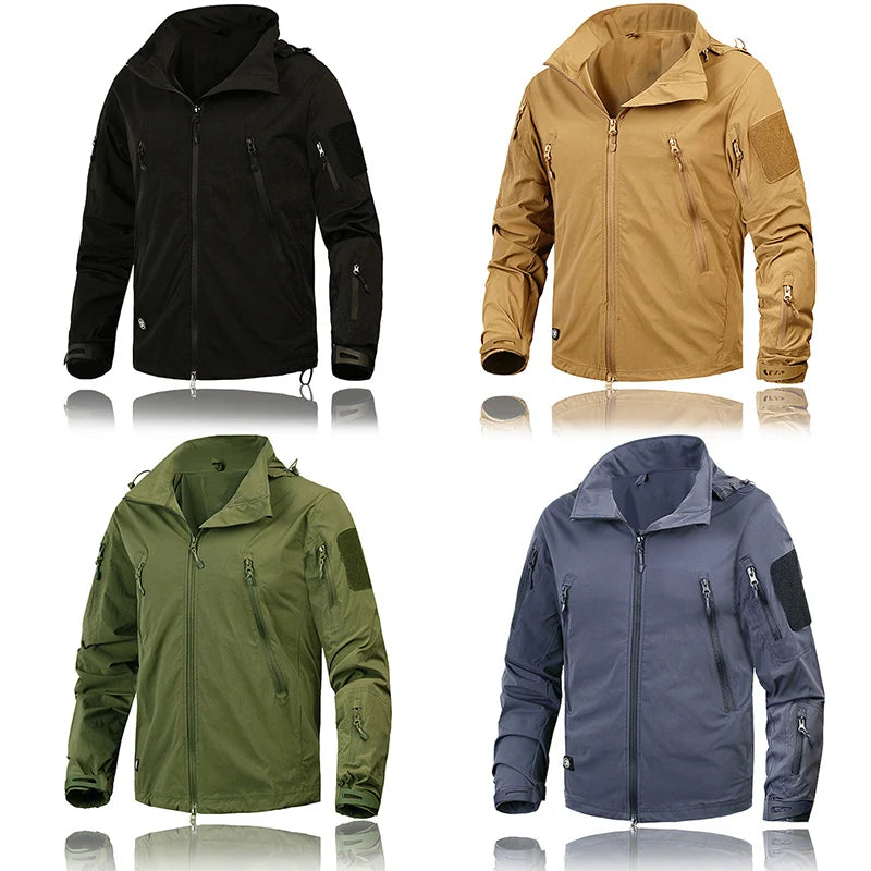 Four tactical jackets in black, tan, green, and blue displayed.