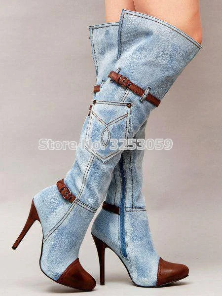 Ladies Chic Light Blue Denim Long Boots Brown Leather Patchwork Knee High Boots Stiletto Heels Belt Buckle Strap Pocket Boots