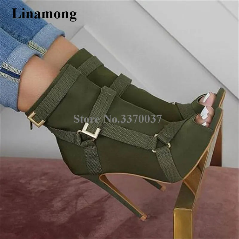 New Design Women Fashion Peep Toe Suede Leather Stiletto Heel Short Boots Buckles Strap Black Army Green High Heel Ankle Booties