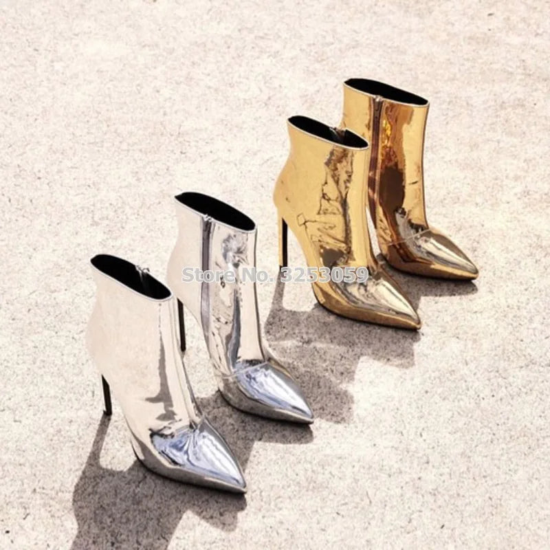 Women Sexy Pointed Toe Gold Silver Patent Leather Ankle Boots Metallic Glossy Stiletto Heels Dress Shoes Gladiator Banquet Pumps