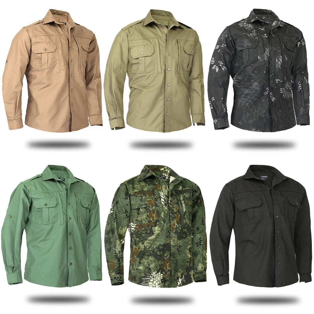 Six various men's button-up shirts in earthy and camo tones.