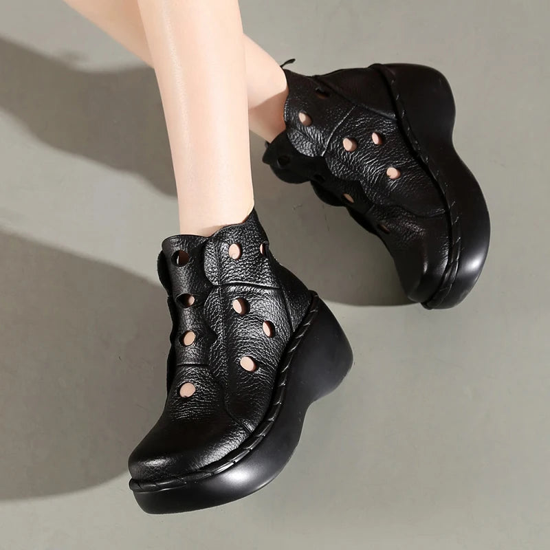 Genuine Leather Women Summer Boots Platform Wedges Round Toes Cut Out Hole Ankle Boots Vintage Woman Shoes