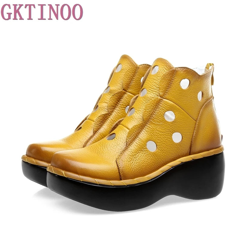 Genuine Leather Women Summer Boots Platform Wedges Round Toes Cut Out Hole Ankle Boots Vintage Woman Shoes