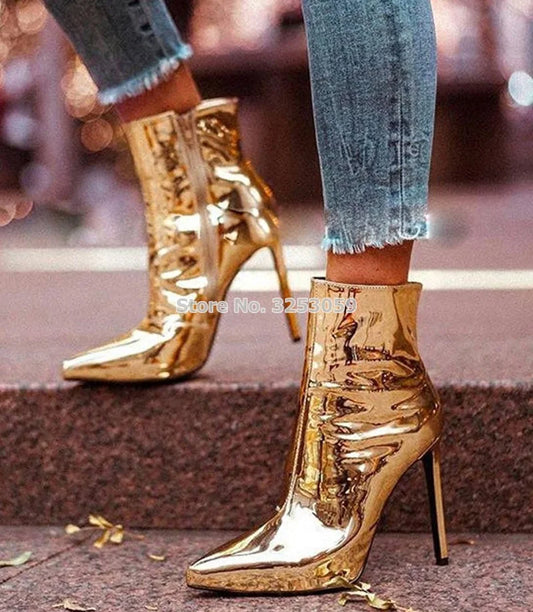 Women Metallic Glossy Stiletto Heels Patent Leather Ankle Boots