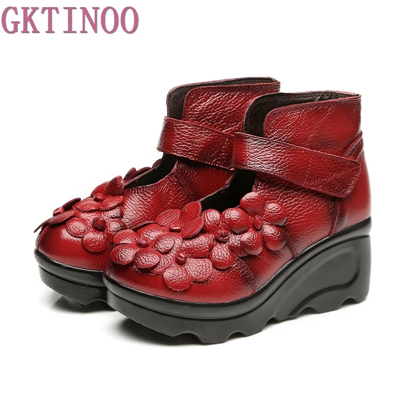 2023 Handmade Flower Women Boots Round Toes Genuine Leather Ankle Boots Wedges Shoes Vintage Boot