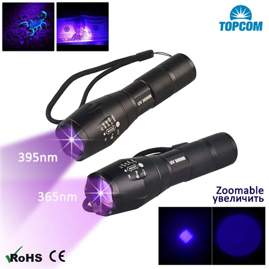 Topcom 3W Zoomable UV Light 365nm 395nm LED UV Flashlight New MilitaryTopcom 3W Zoomable UV Light 365nm 395nm LED UV Flashlight