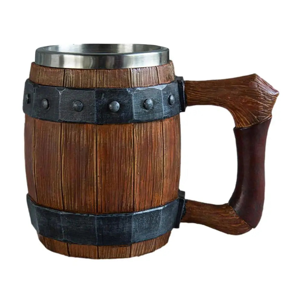 Wooden barrel-style mug with metal rim and brown handle isolated.