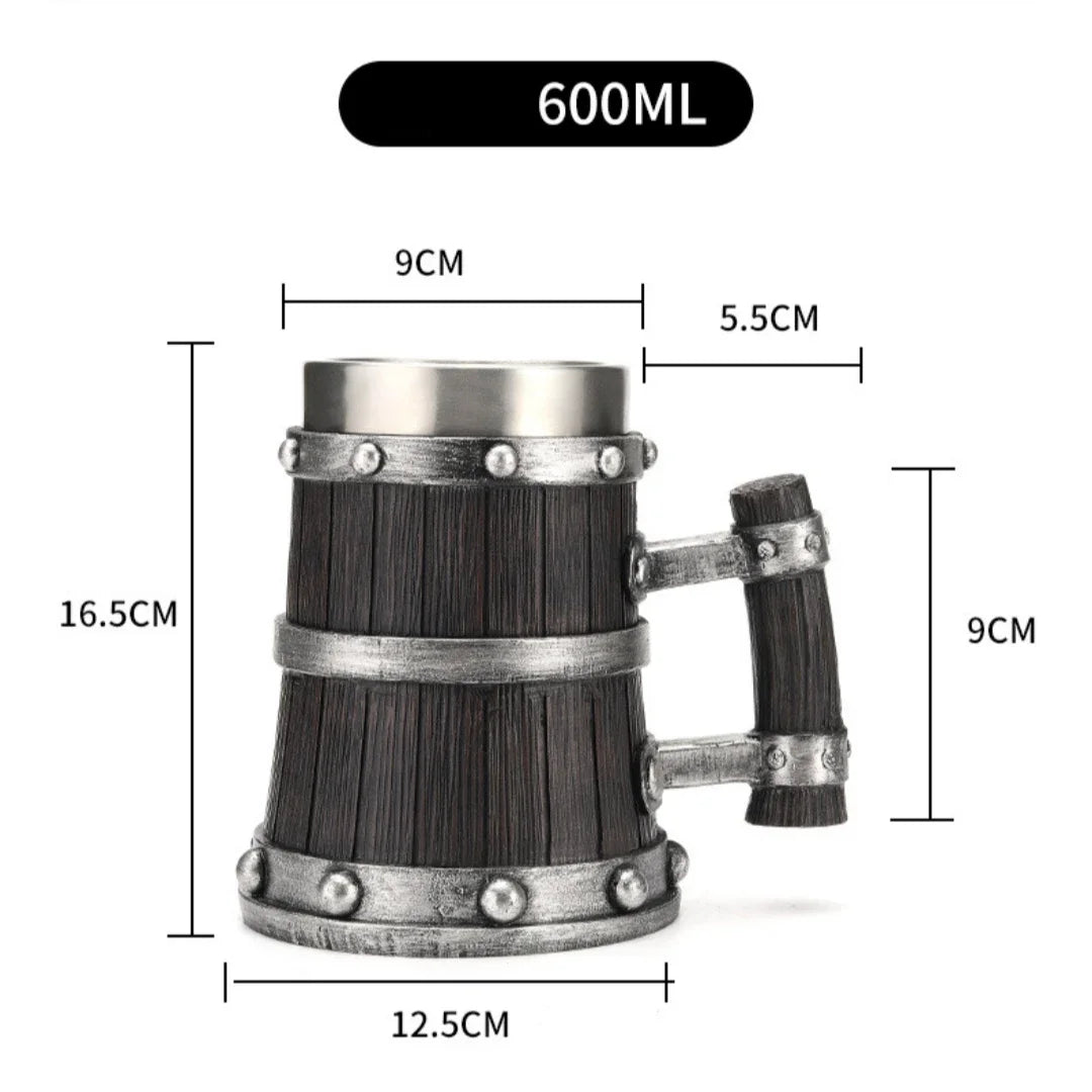 Metal and wood textured mug with dimensions, holds 600ml liquid.