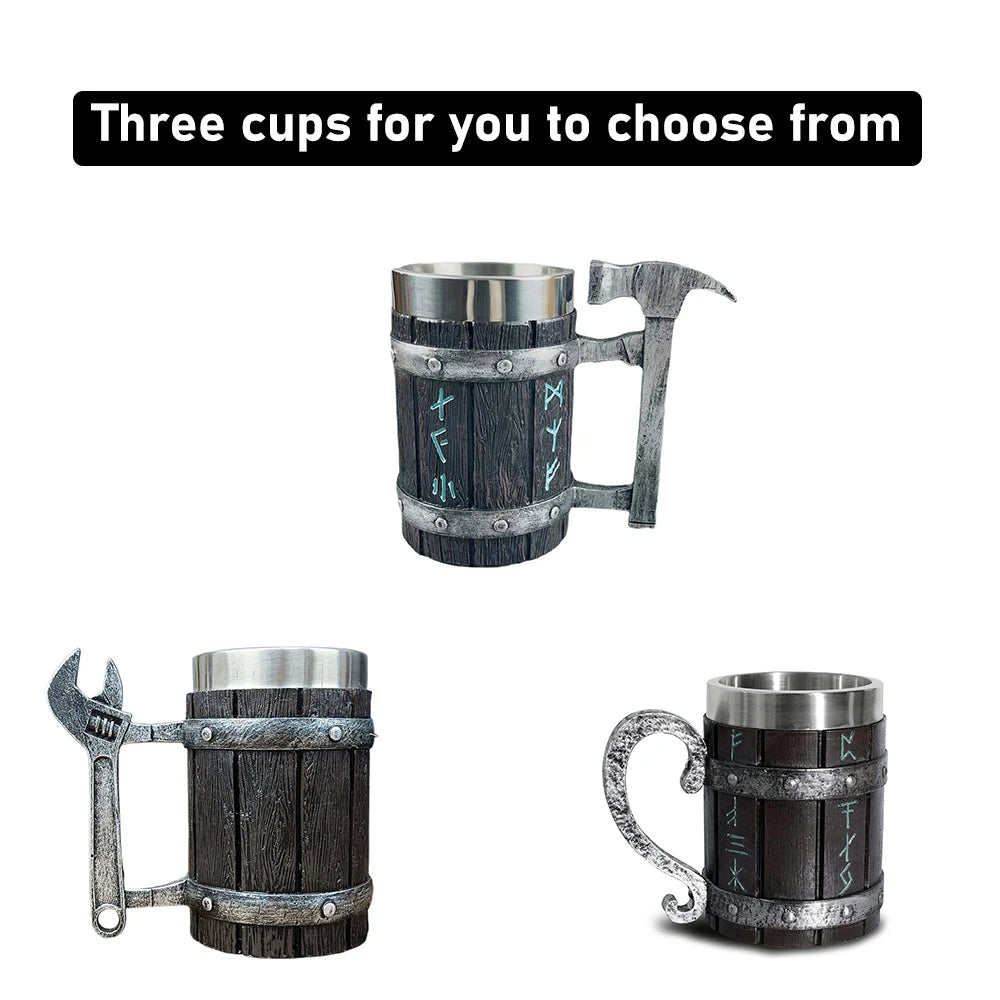 Three novelty mugs designed as hammer, wrench, and wood with runes.