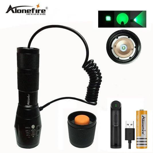 AloneFire E17 Green LED Light Tactical Flashlight Zoomable Spot Flood Light Torch Hunting Lamp with Pressure Switch