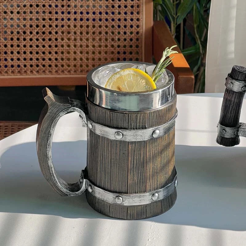 2023 Viking Wood Style Beer Mug 3D Resin Stainless Steel Coffee Cup Wine Glass Metal Double Wall Mug Beer Jug Cup Thermal