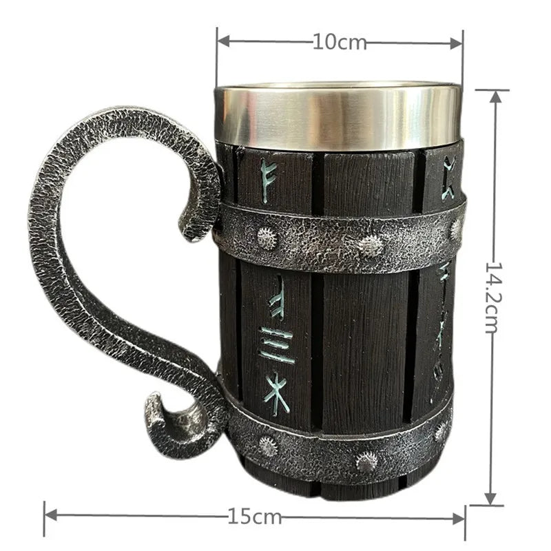 Metallic mug with wood texture, rune symbols, and dimensions displayed.
