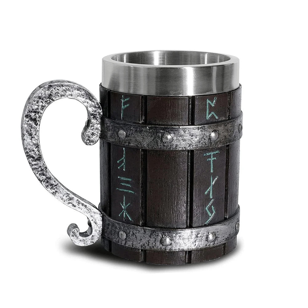 Stainless steel mug with medieval wooden barrel design and runes.