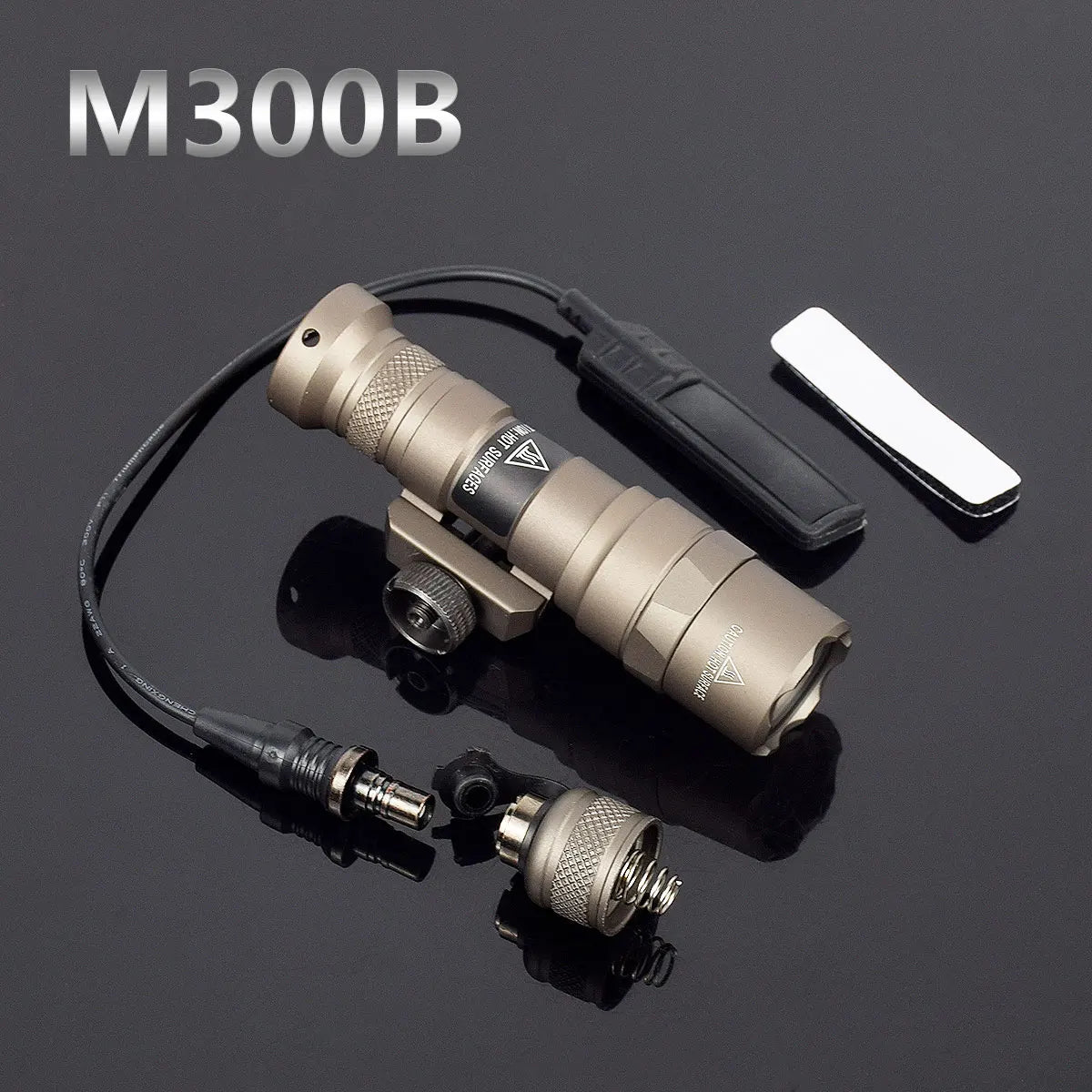 Tan tactical flashlight with pressure switch and mount on black.