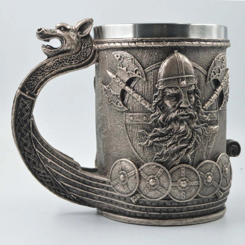 Medieval Norse Runes Pirate Beer Mug with Stainless Steel Liner Nordic Symbol Coffee Drink Cup for Men