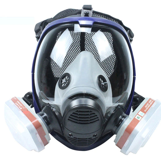 Industrial full-face respirator mask with filters on white background.