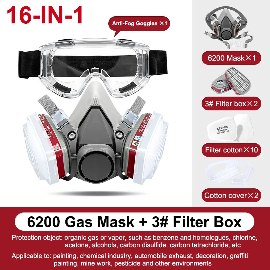 6200 Respirator Mask Reusable Half Face Cover Gas Mask with Safety Glasses Face Cover Face Shield with Filters for Painting
