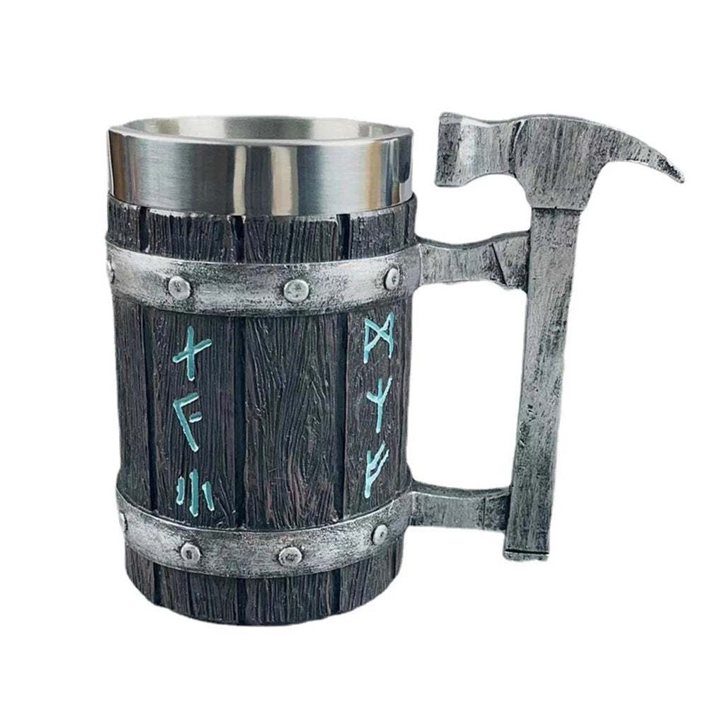 Stainless steel mug with wooden barrel design and ax handle.