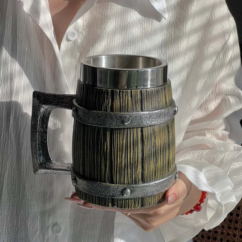 2023 Viking Wood Style Beer Mug 3D Resin Stainless Steel Coffee Cup Wine Glass Metal Double Wall Mug Beer Jug Cup Thermal