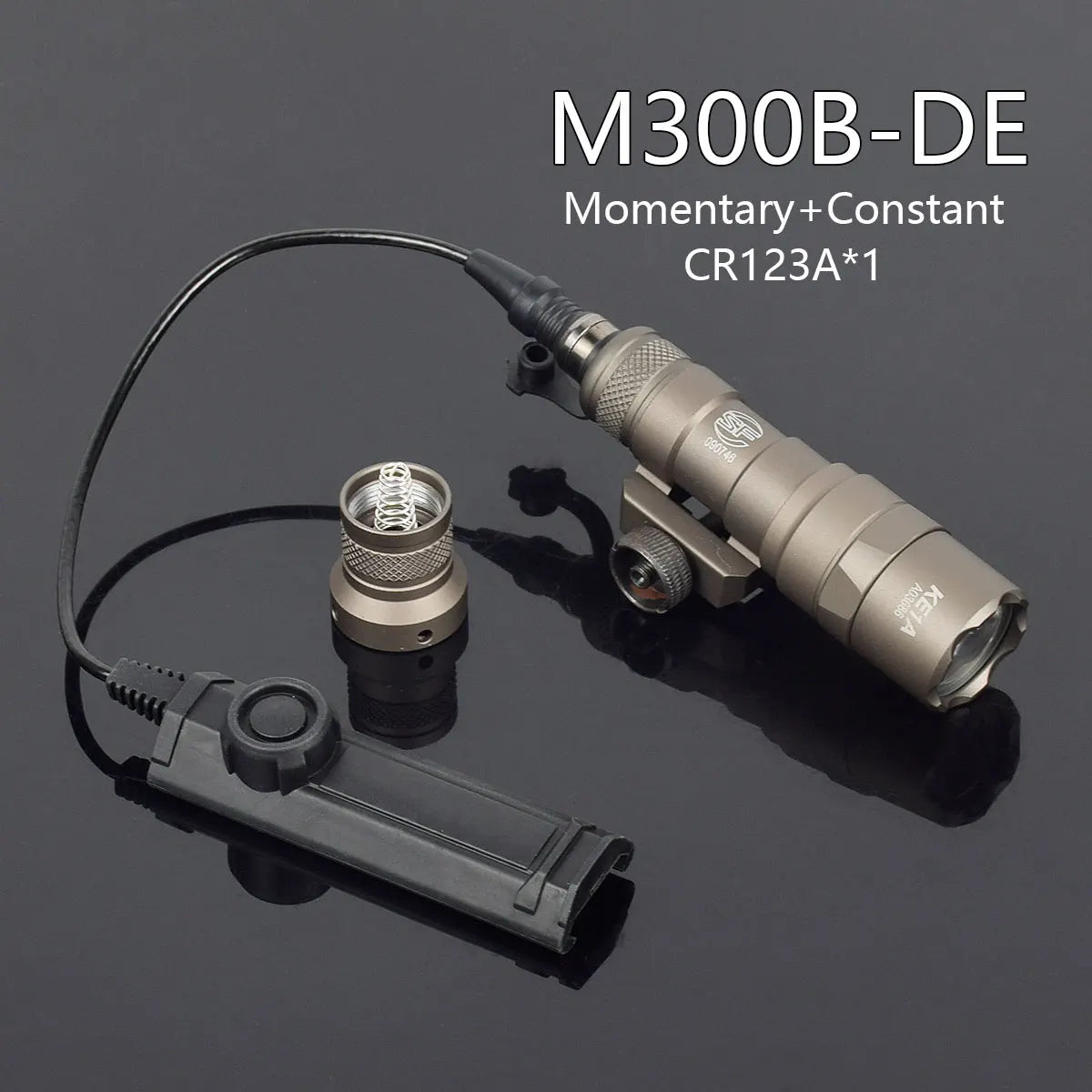 Tactical flashlight with pressure switch and battery on dark background.