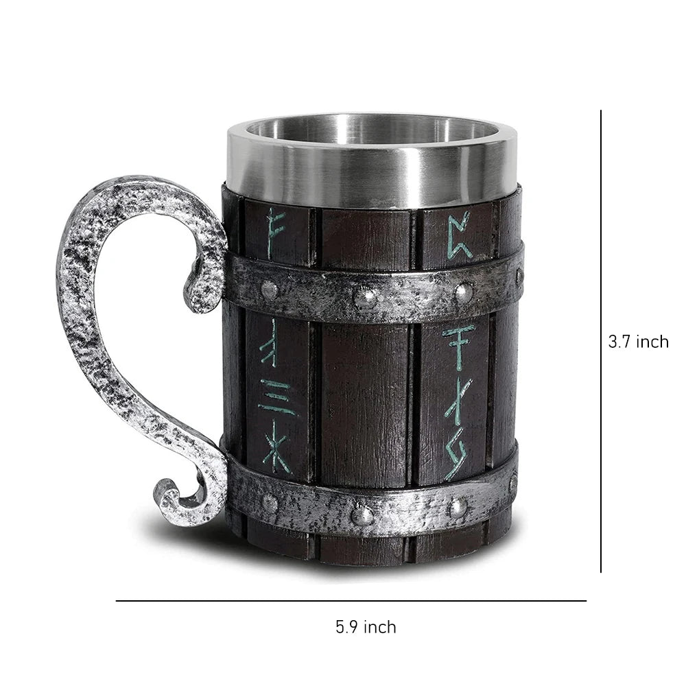 Medieval-style mug with metallic rim and handle, runic engravings, dimensions shown.