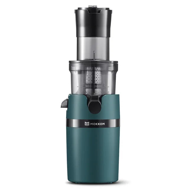 Modern teal-colored slow juicer with visible brand name MOKKOM.