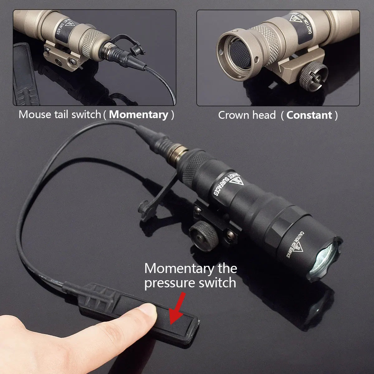 Tactical flashlight with momentary pressure switch and crown head features.