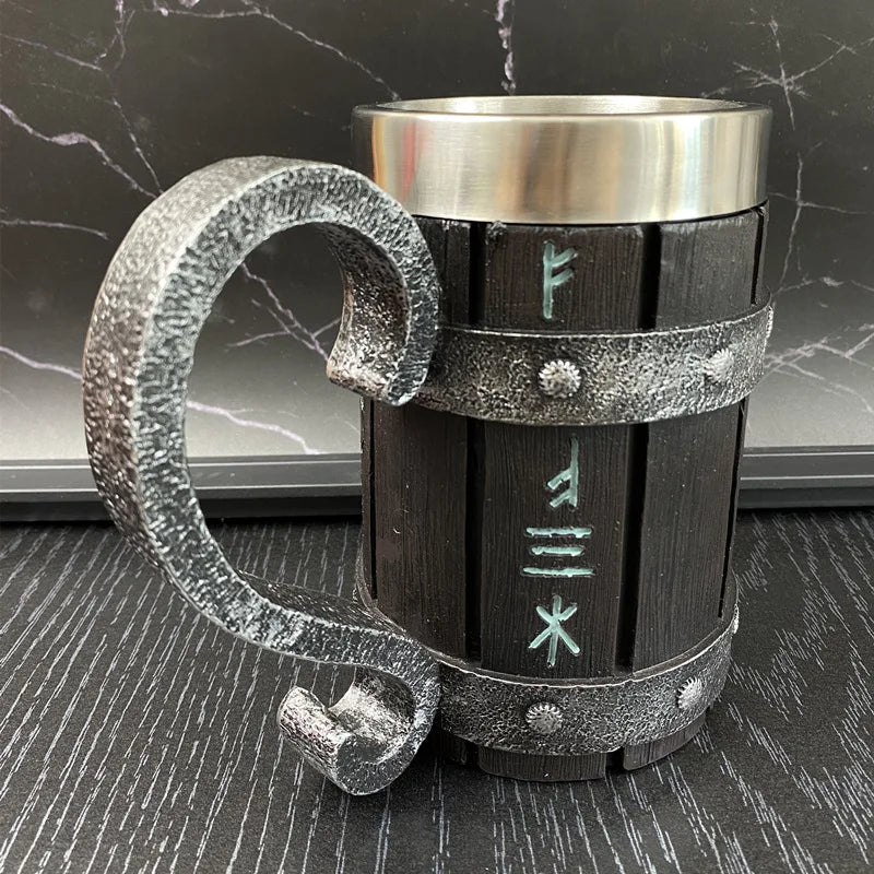 Alt text: A medieval-themed mug with faux metal detailing and runes.