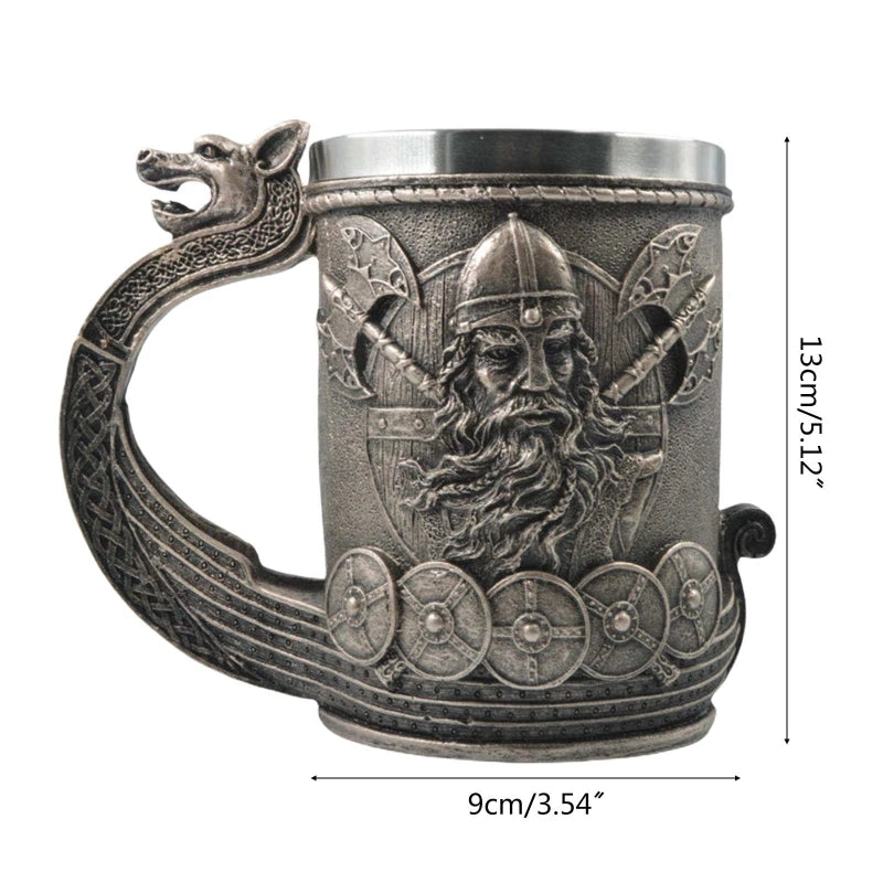 Medieval Norse Runes Pirate Beer Mug with Stainless Steel Liner Nordic Symbol Coffee Drink Cup for Men