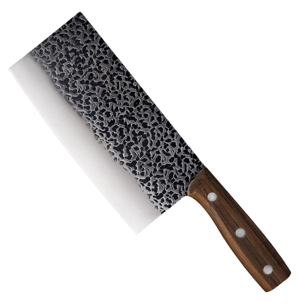 Japanese chef's knife with hammered finish and wooden handle.