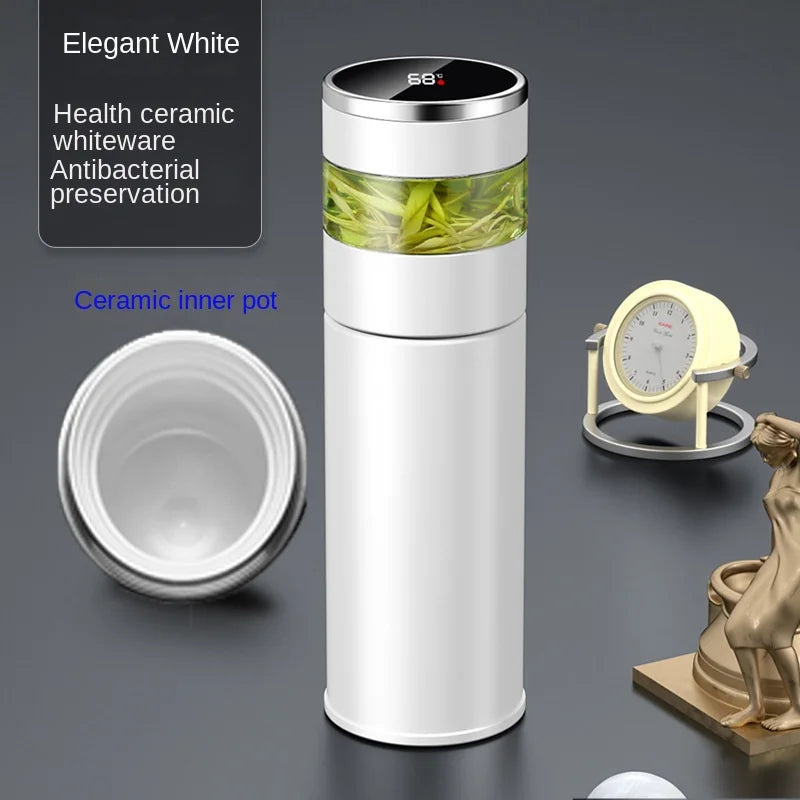 White ceramic health thermos with temperature display and antibacterial properties.