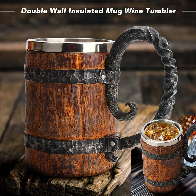 Viking Wood style Beer Mug Christmas Gift Simulation Wooden Barrel Beer Cup Double Wall Drinking Mug Metal Insulated