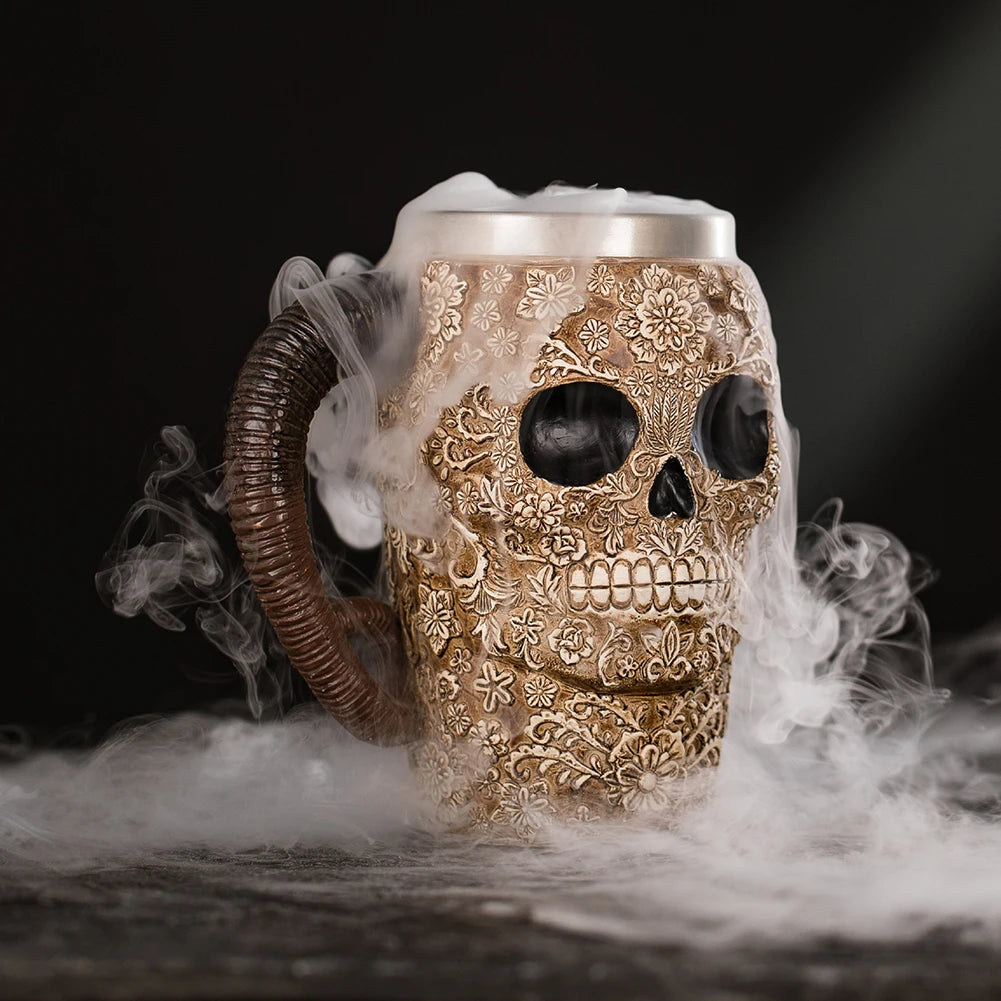 Ornate skull mug with foam and smoke on dark background.