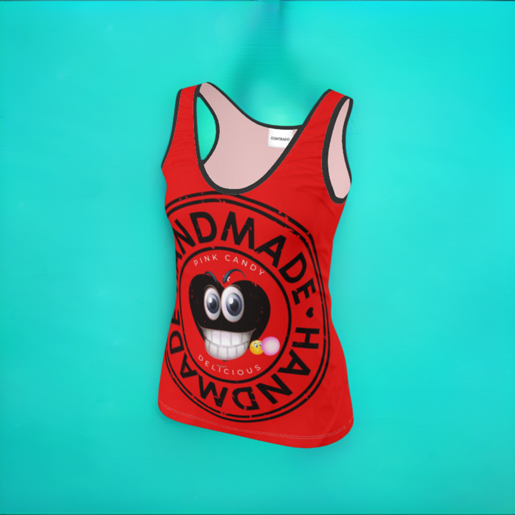 Red tank top with candy-themed graphic design on turquoise background.